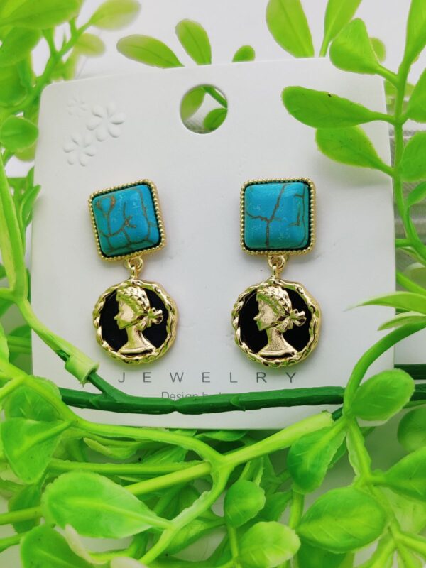 Imported Turquoise Square and Gold Roman Coin Dangle Earrings | Best Earrings For Girls